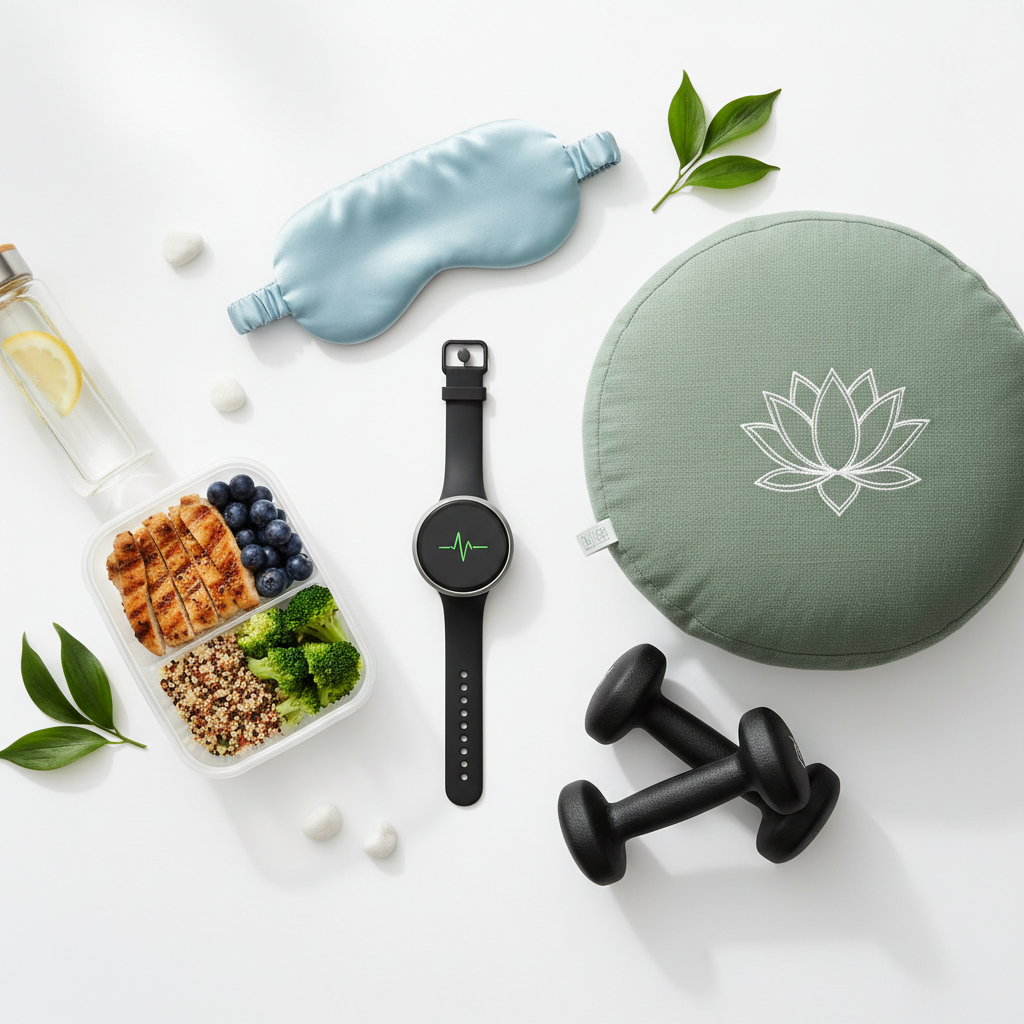 collection of healthy factors affecting weight loss including sleep, exercise, and stress management