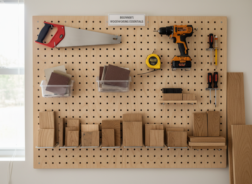 collection of scrap wood pieces and basic woodworking tools organized on pegboard