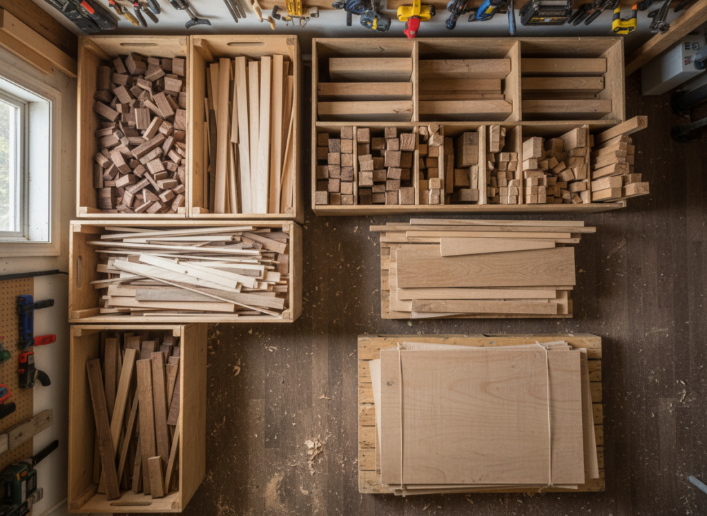 collection of scrap wood pieces organized for projects collection of scrap wood pieces organized for projects