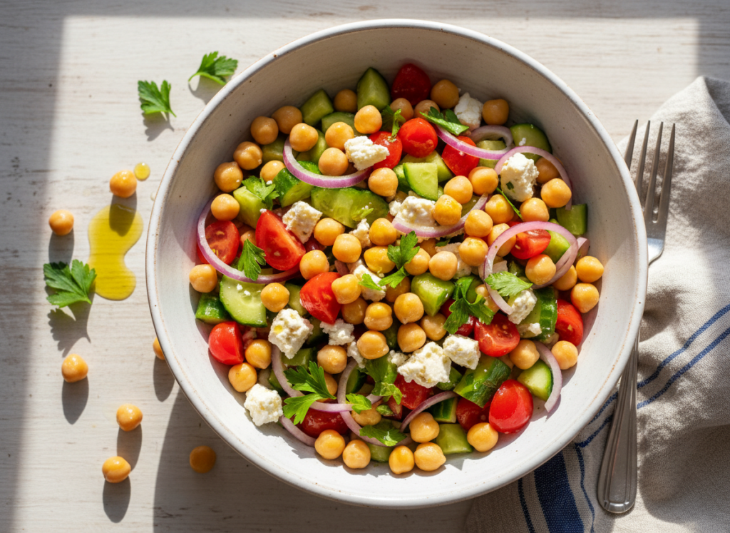 colorful Mediterranean chickpea salad in a white bowl with fresh vegetables and herbs colorful Mediterranean chickpea salad in a white bowl with fresh vegetables and herbs