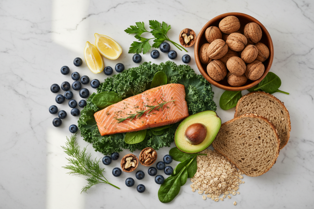 colorful arrangement of brain-healthy foods and nutrients colorful arrangement of brain-healthy foods and nutrients