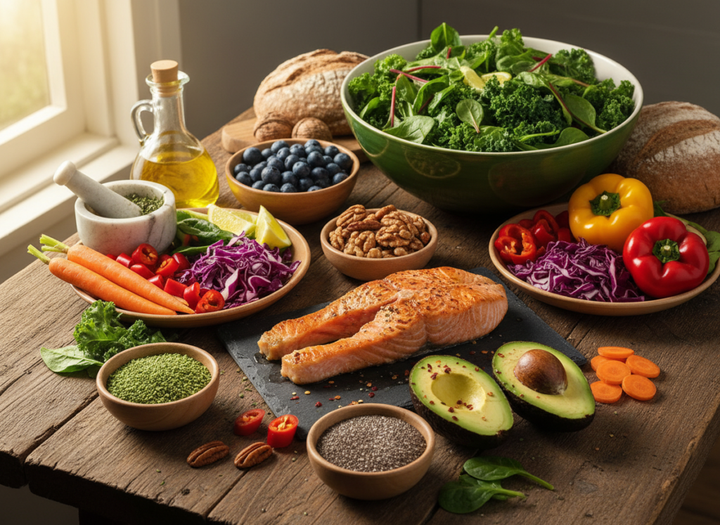 colorful array of brain-healthy foods including berries fish nuts and vegetables colorful array of brain-healthy foods including berries fish nuts and vegetables