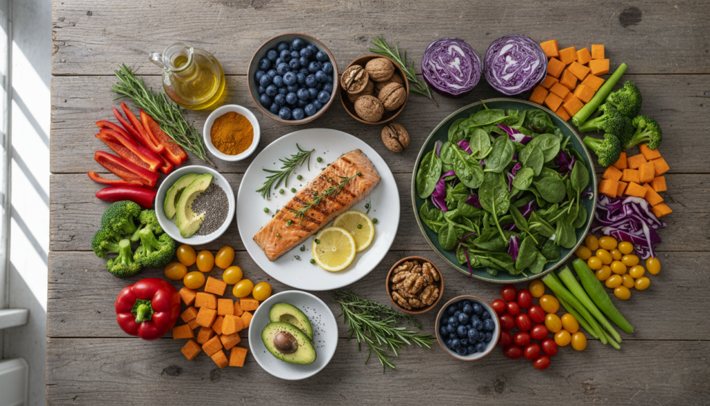 colorful array of brain-healthy foods including fish vegetables and nuts