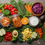 colorful array of fresh vegetables, fermented foods, and whole grains arranged on a rustic wooden table representing best foods for gut health