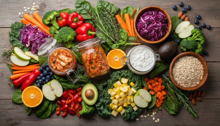 colorful array of fresh vegetables, fermented foods, and whole grains arranged on a rustic wooden table representing best foods for gut health