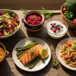 colorful array of gut healthy meals including fermented foods, fiber-rich vegetables, and probiotic-rich dishes arranged on a wooden table