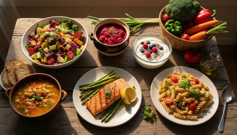 colorful array of gut healthy meals including fermented foods, fiber-rich vegetables, and probiotic-rich dishes arranged on a wooden table