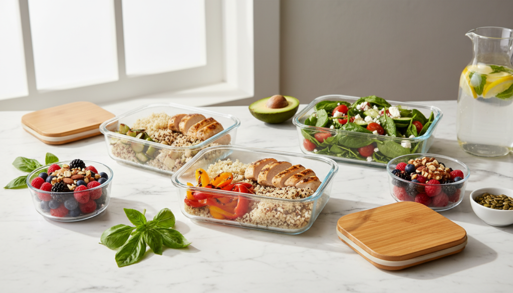 colorful array of healthy foods including vegetables, lean proteins, and whole grains for weight loss