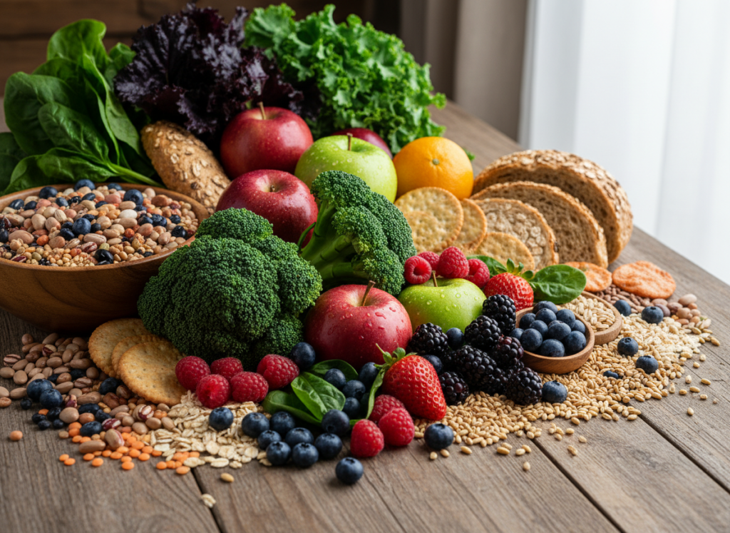 colorful array of high-fiber vegetables and fruits colorful array of high-fiber vegetables and fruits