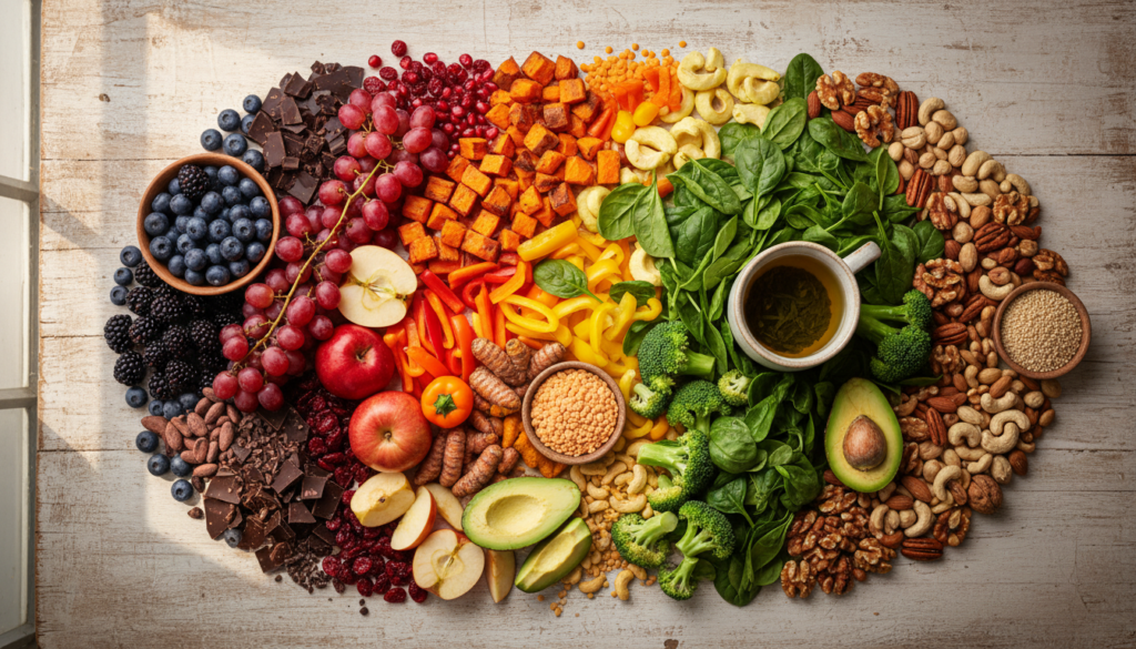 colorful array of polyphenol-rich foods including berries, dark chocolate, green tea, and vegetables