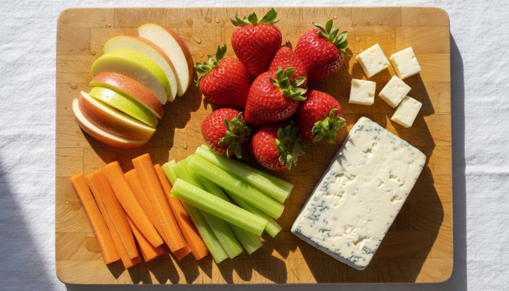 colorful array of teeth-whitening foods including strawberries apples and crunchy vegetables