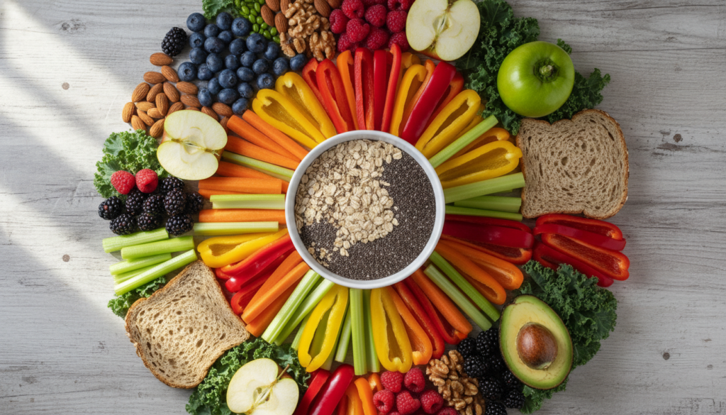 colorful array of vegetables and fruits high in fiber
