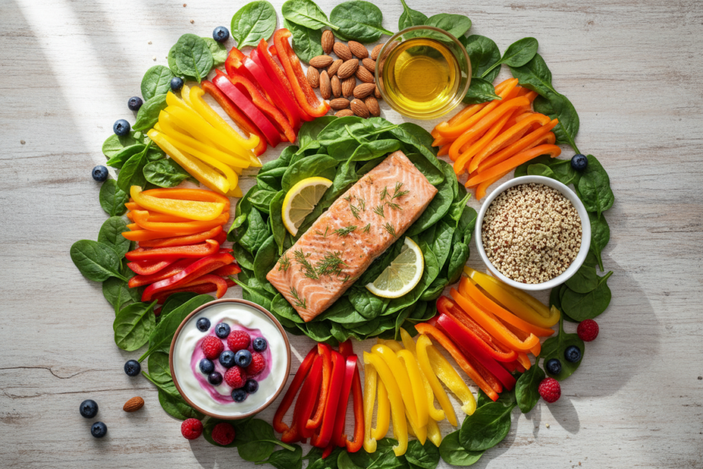 colorful array of weight loss friendly foods including vegetables, lean proteins, and whole grains