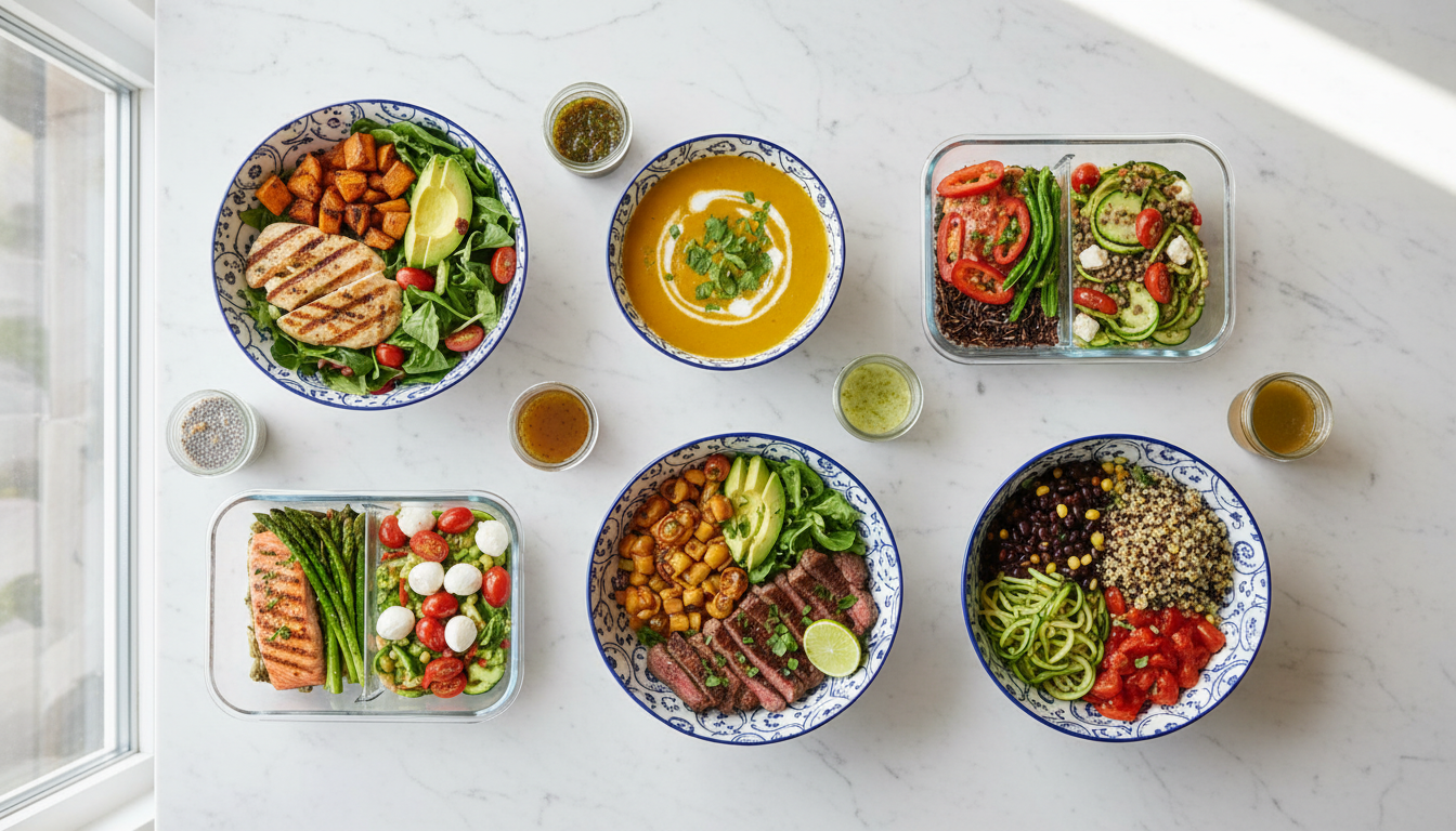 colorful array of weight watchers lunch ideas spread across kitchen counter