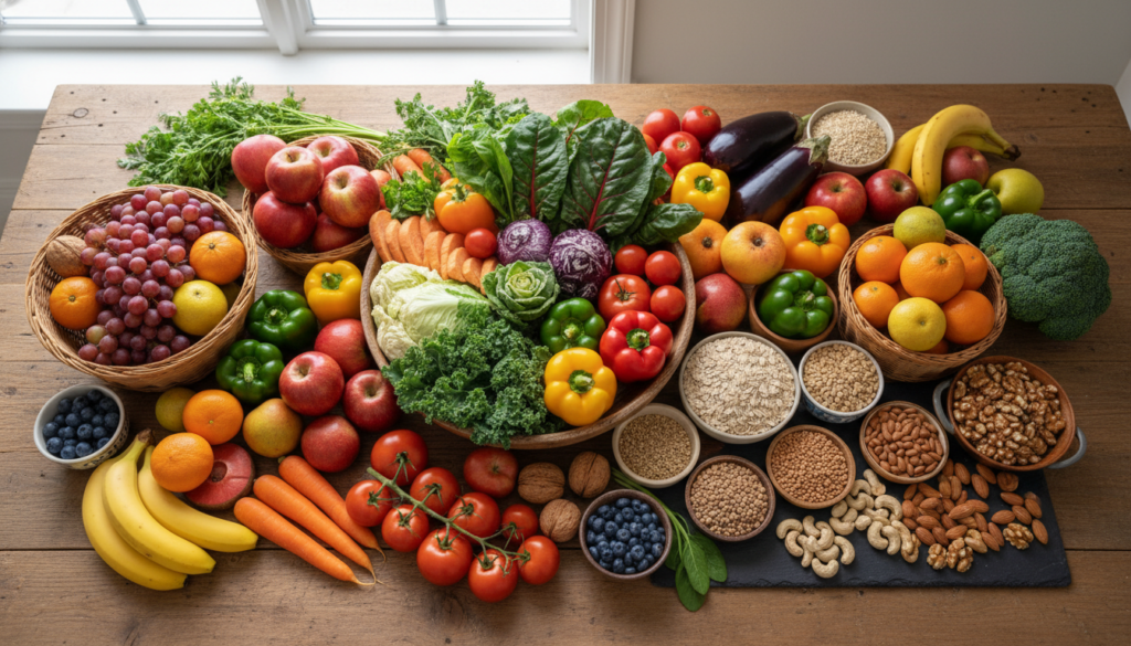 colorful array of whole foods including vegetables, fruits, and grains for weight loss tips diet