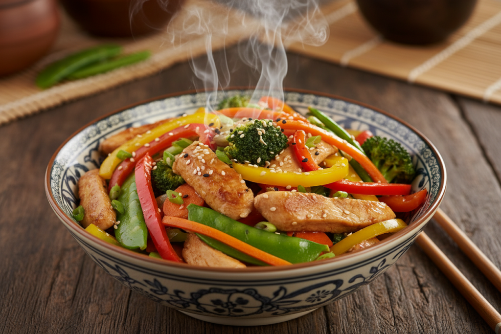 colorful chicken vegetable stir-fry in bowl