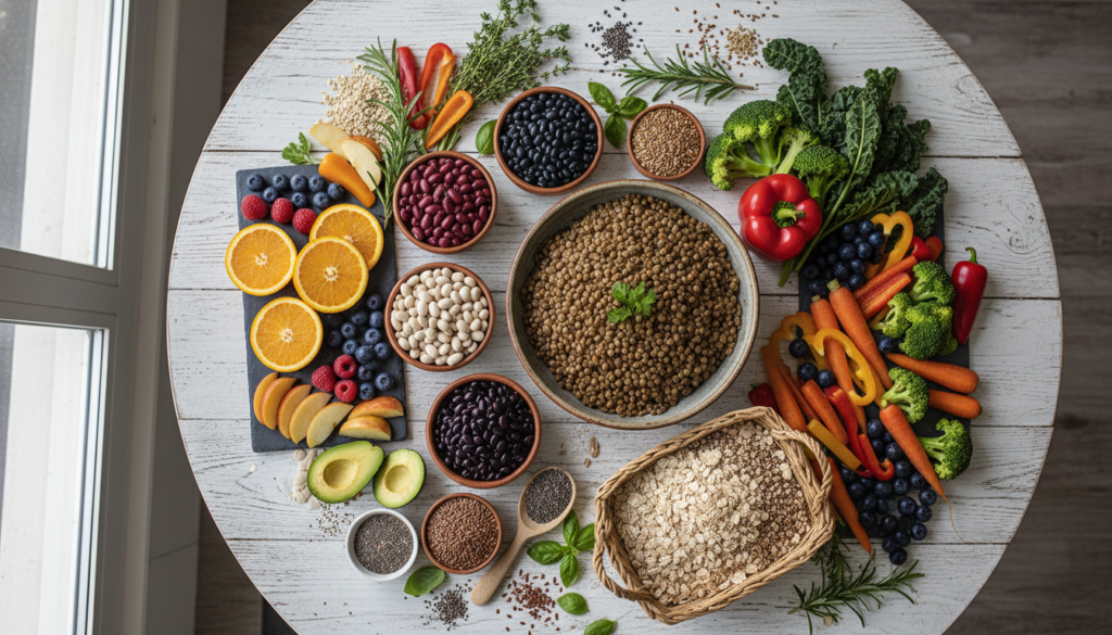 colorful display of high-fiber foods including legumes, whole grains, fruits and vegetables