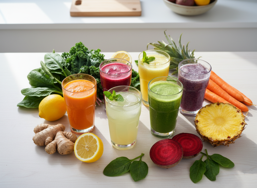 colorful fresh juice glasses with fruits vegetables ginger lemon for gut health