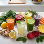 Juicing Recipes for Gut Health: Powerful Anti-Inflammatory Blends to Heal Your Digestive System colorful fresh juice glasses with fruits vegetables ginger lemon for gut health