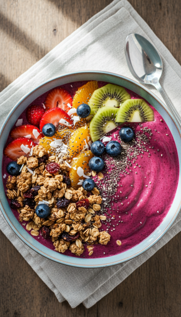 colorful kefir smoothie bowl with toppings