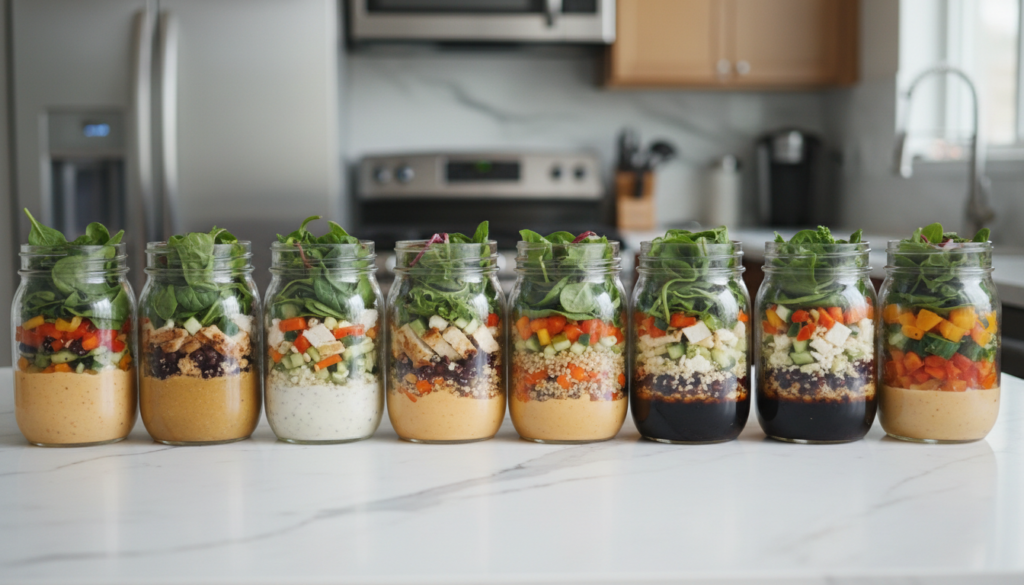 colorful layered mason jar salads