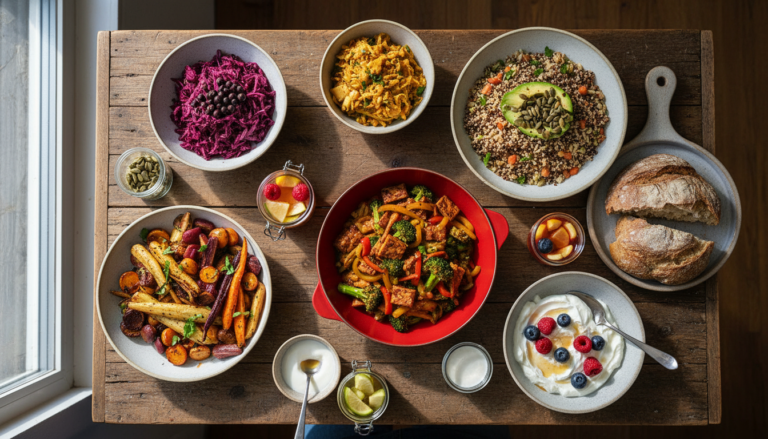 colorful meals for gut health featuring fermented foods and fresh vegetables