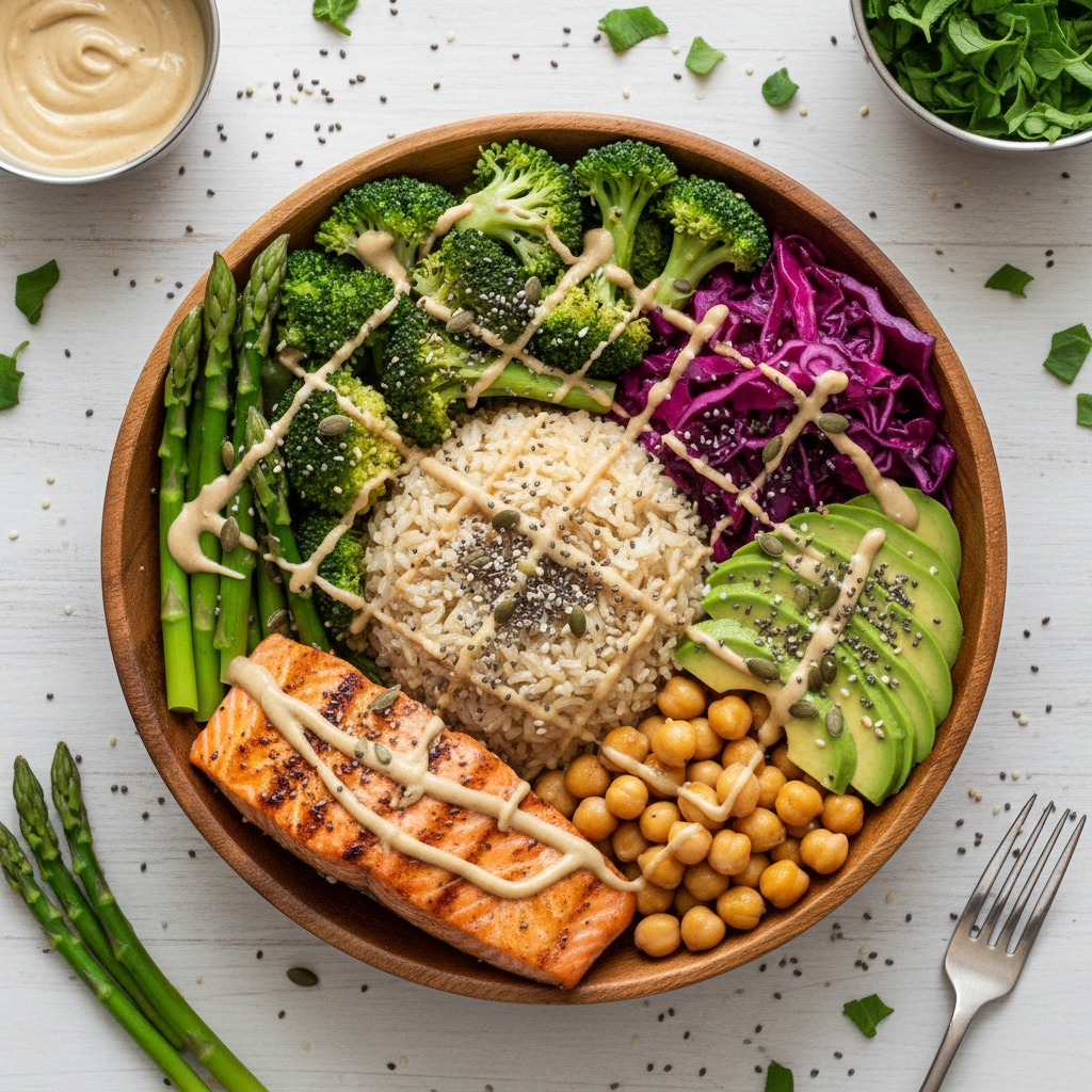 colorful power bowl with rice, vegetables, salmon and fermented foods colorful power bowl with rice, vegetables, salmon and fermented foods