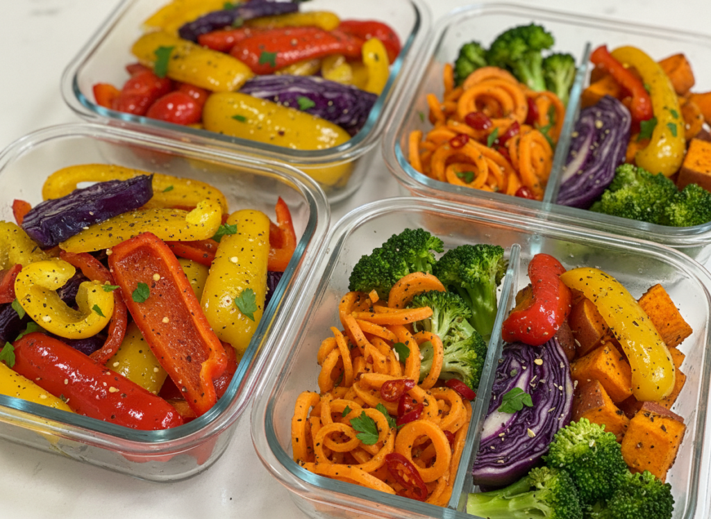 colorful roasted vegetables in meal prep containers