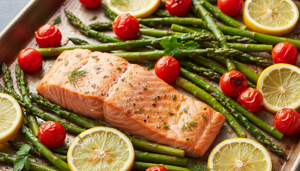 colorful sheet pan dinner with salmon and vegetables colorful sheet pan dinner with salmon and vegetables