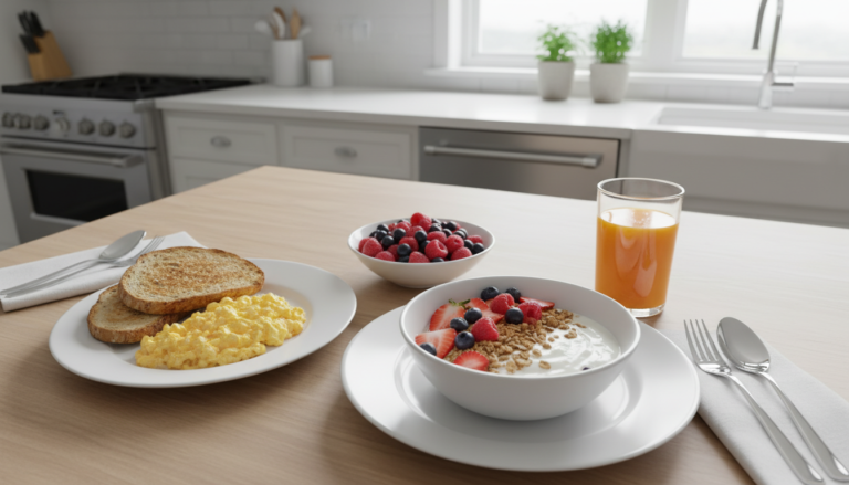 colorful weight watchers breakfast spread with fresh fruits and eggs