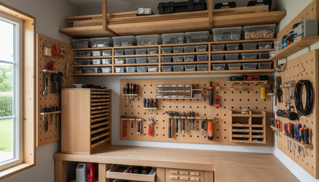 compact workshop with space-saving wooden storage solutions