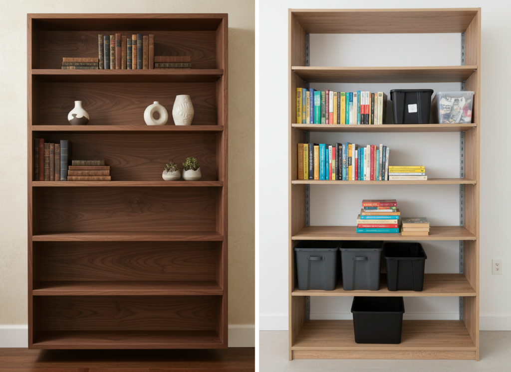 comparison of custom wood shelves versus store bought shelving