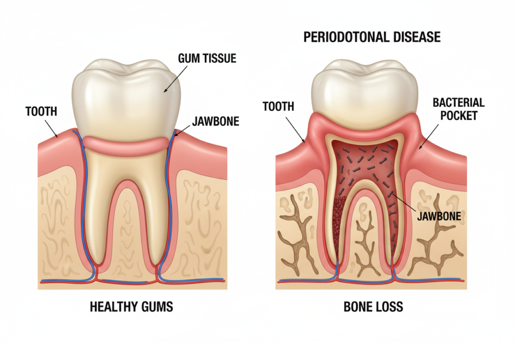 comparison of healthy gums versus gums with periodontal disease