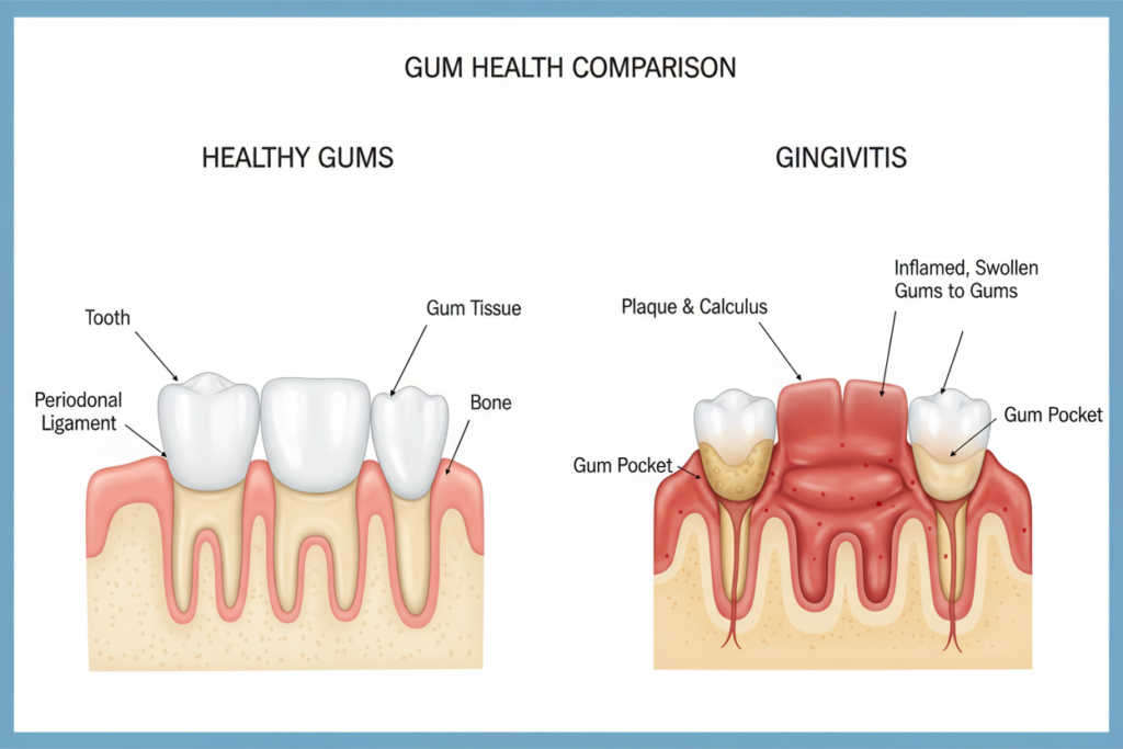 comparison of healthy gums versus inflamed gums with gum disease