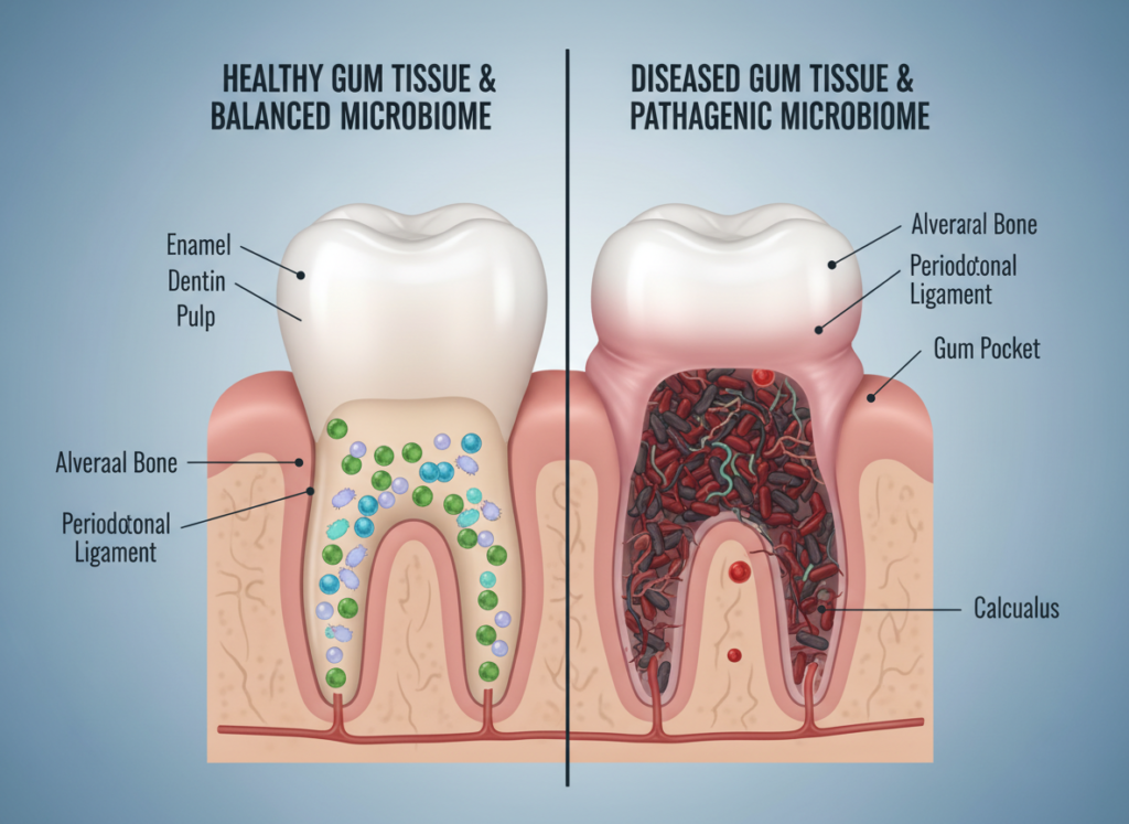 comparison of healthy versus diseased gum tissue at bacterial level