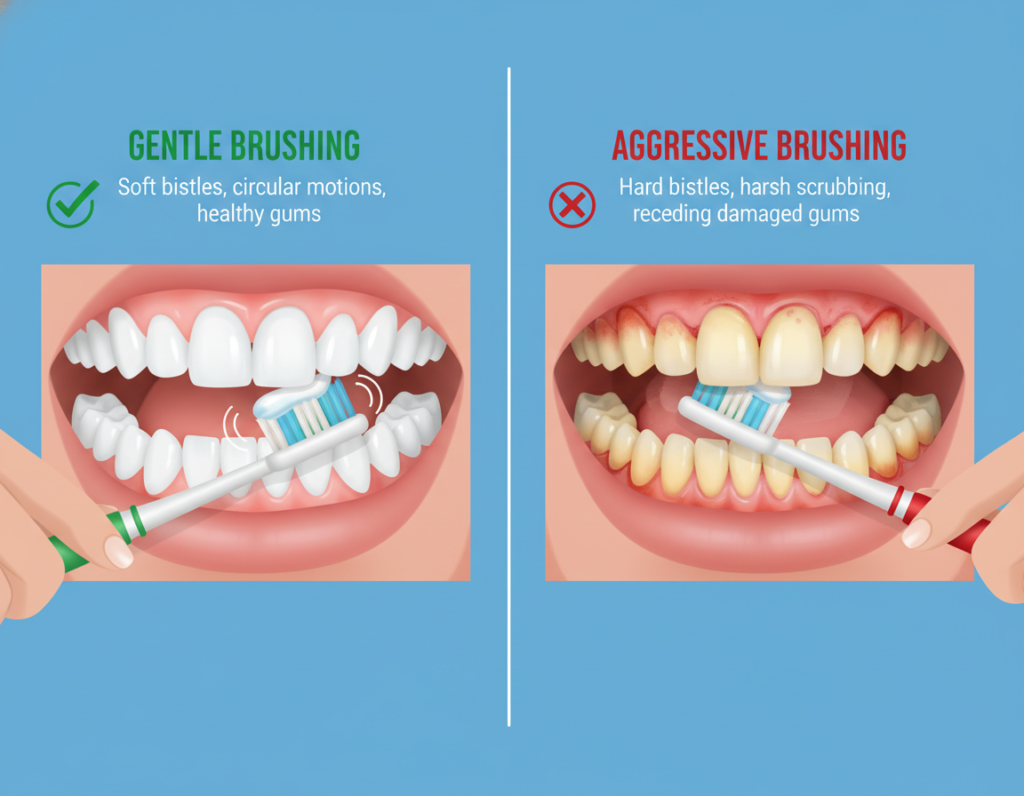 comparison of proper gentle brushing versus aggressive damaging technique
