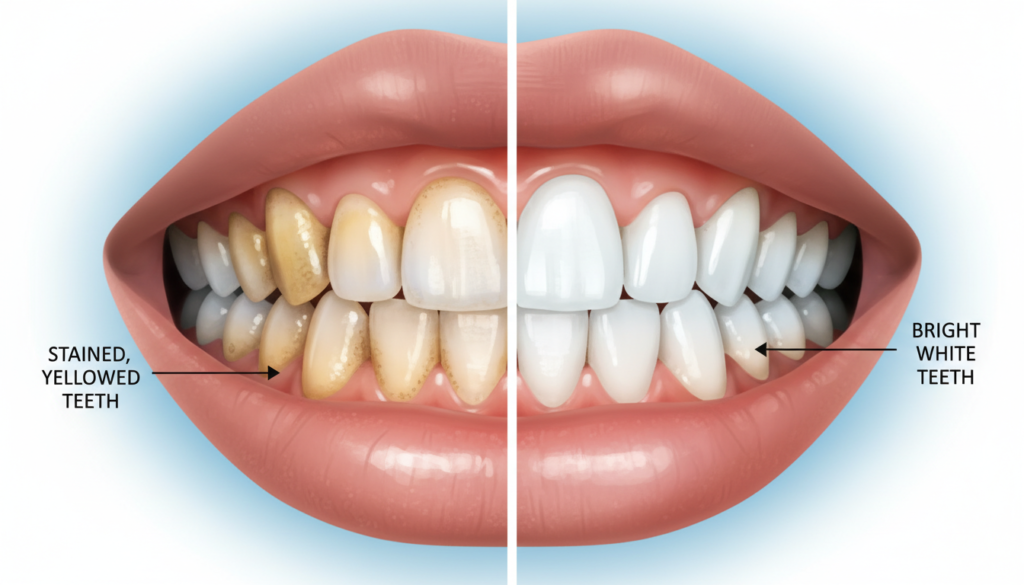 comparison of stained teeth versus white teeth close up