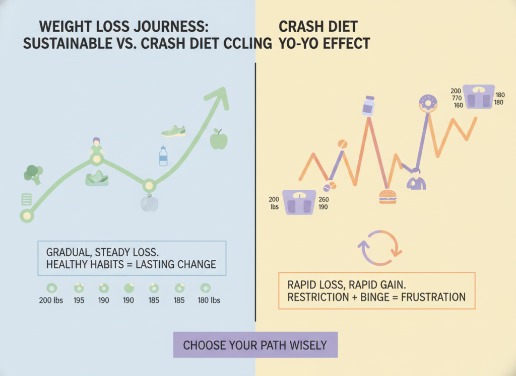 comparison of sustainable weight loss versus fad diets showing long-term success