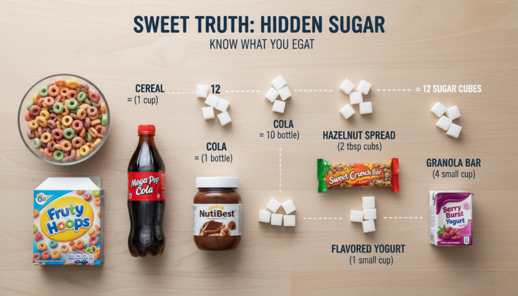 comparison showing hidden sugars in common processed foods