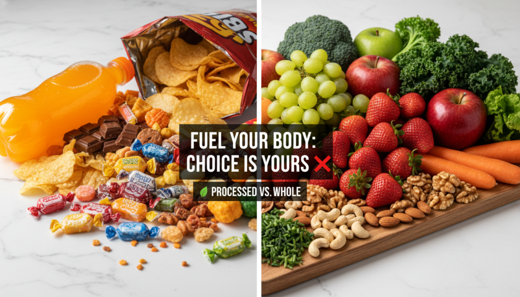 comparison showing processed junk foods versus whole natural foods