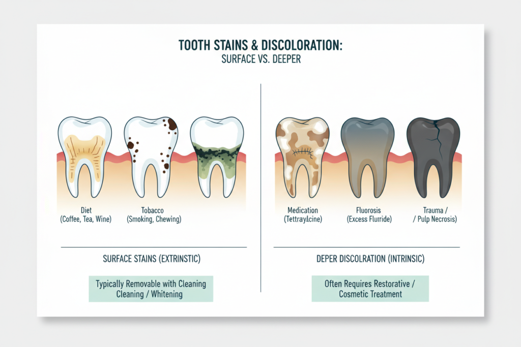 comparison showing teeth with various types of stains and discoloration comparison showing teeth with various types of stains and discoloration