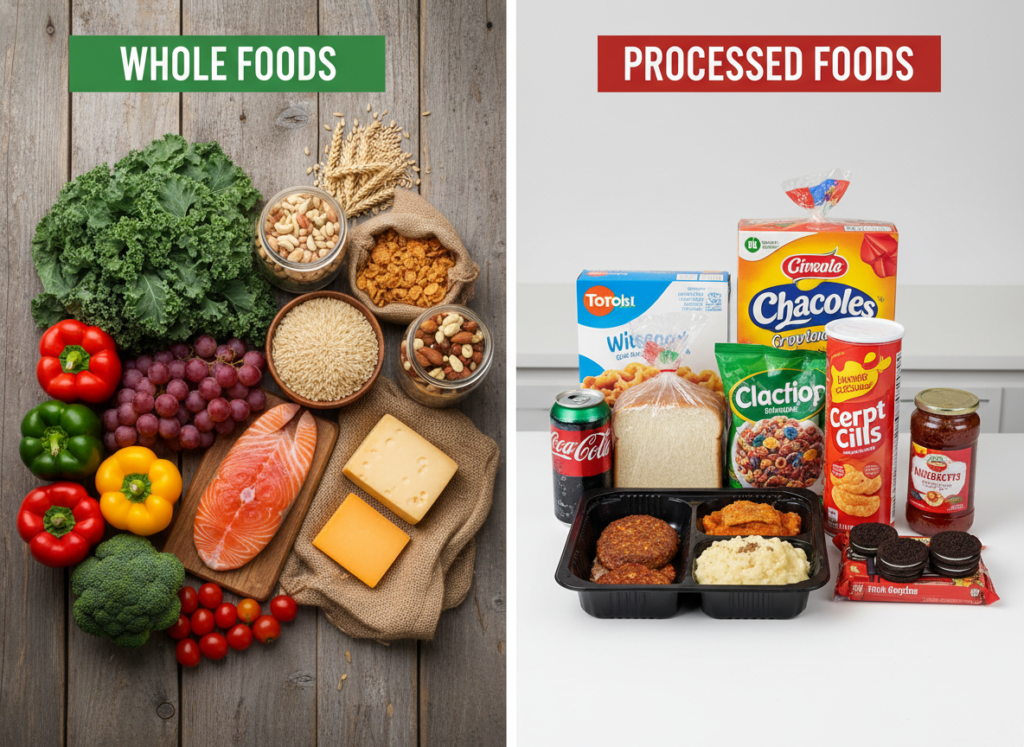 comparison showing whole foods versus processed alternatives