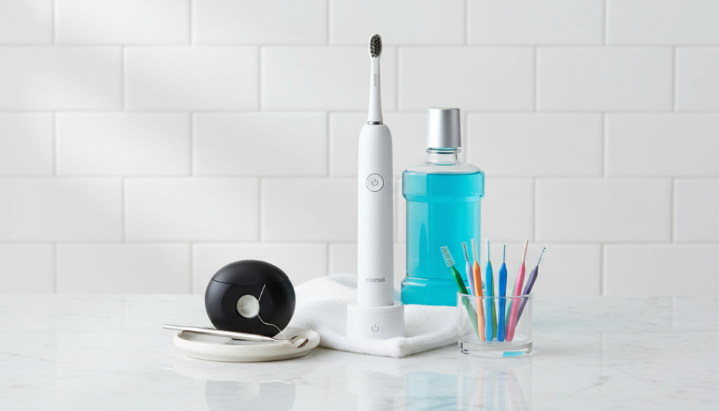 complete oral care routine tools including toothbrush floss tongue scraper
