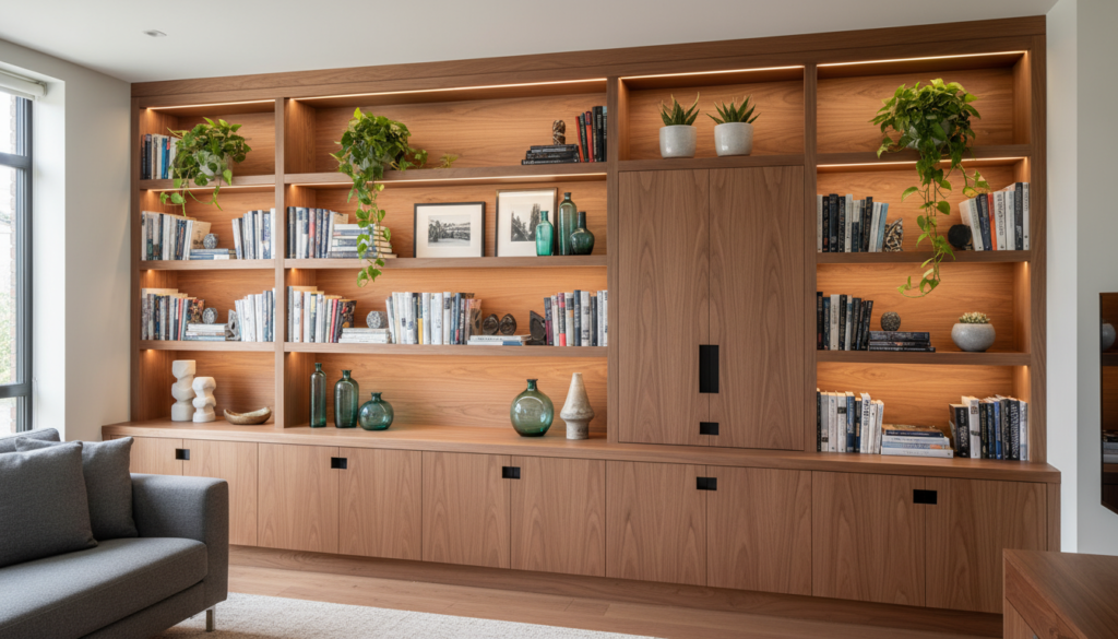 completed beautiful wooden shelving project in home