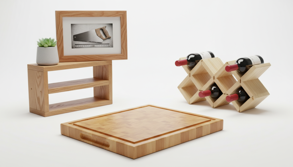 completed beginner woodworking projects displayed together