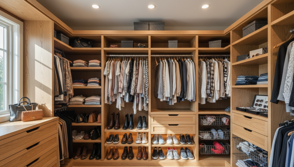 completed diy closet organizer wood system with organized clothes and accessories