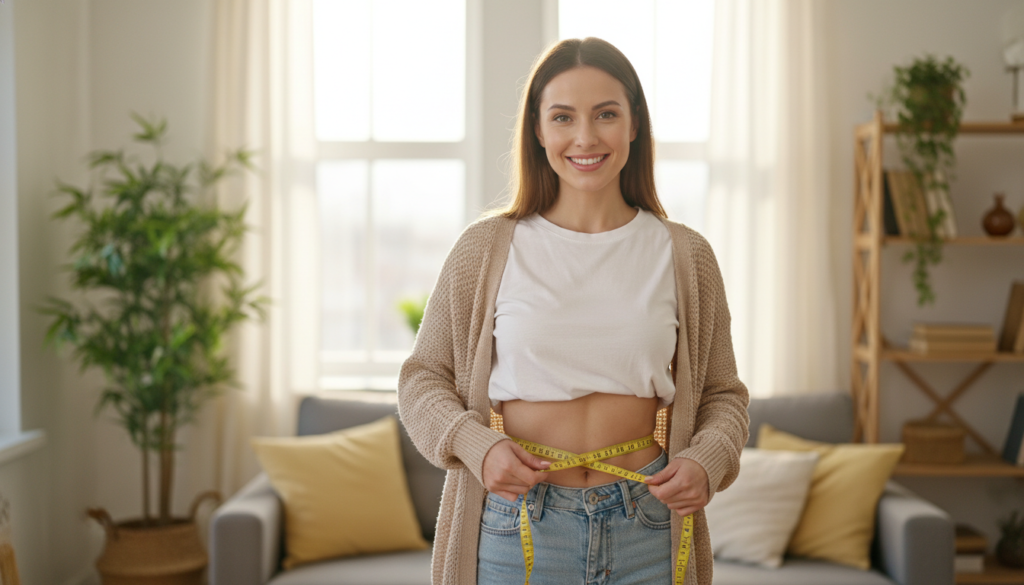 confident happy woman measuring waist with measuring tape showing weight loss results confident happy woman measuring waist with measuring tape showing weight loss results