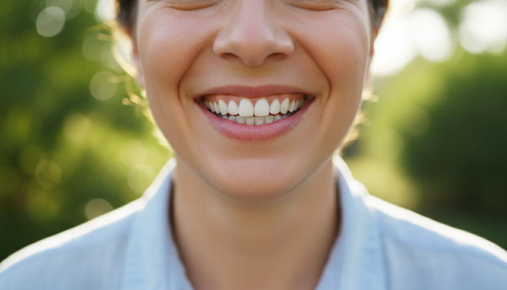 confident person showing off bright white smile after natural whitening treatment