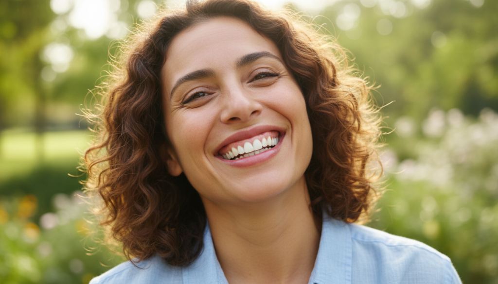 confident person smiling showing results of natural cure for bad breath and gum disease