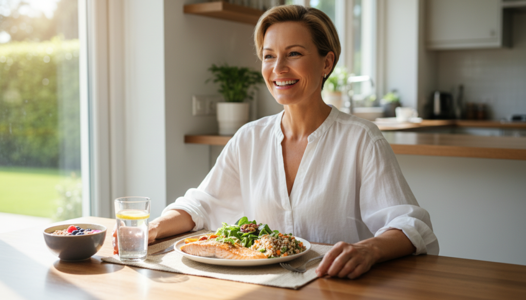 confident woman enjoying healthy meal for weight gain